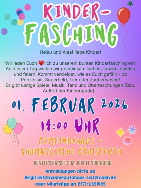 Kinderfasching am 1.2.2026 um 14 Uhr im Gemeindehaus Thomaskirche in Nürnberg