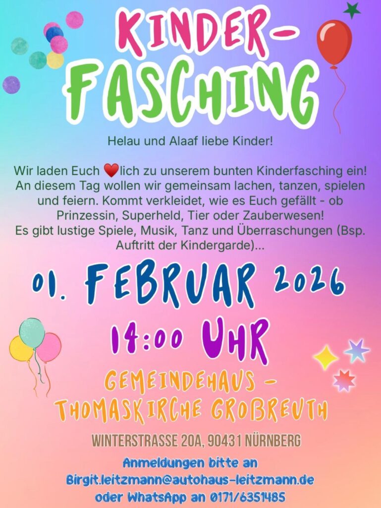 Kinderfasching am 1.2.2026 um 14 Uhr im Gemeindehaus Thomaskirche in Nürnberg